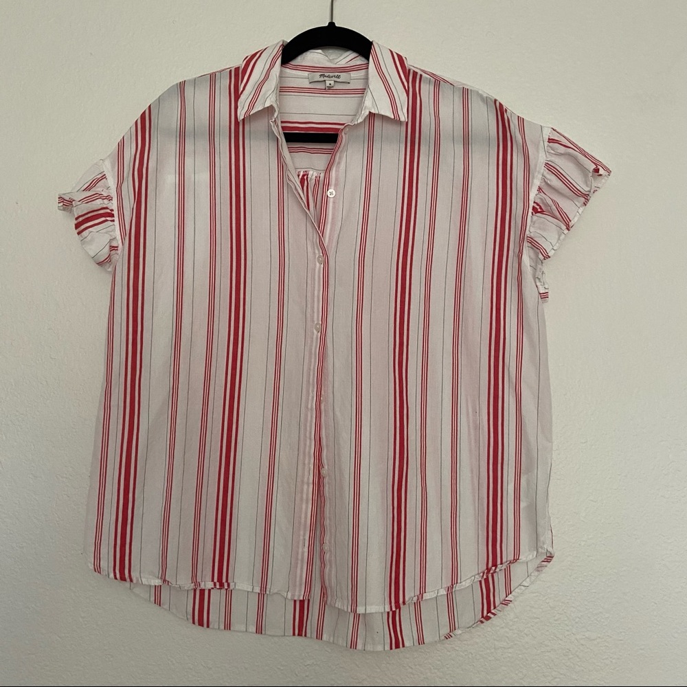 Madewell red and white striped ruffled button down